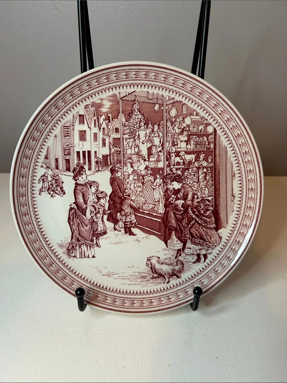 Spode Red Transferware St. Nick Holiday Window Scene Plate